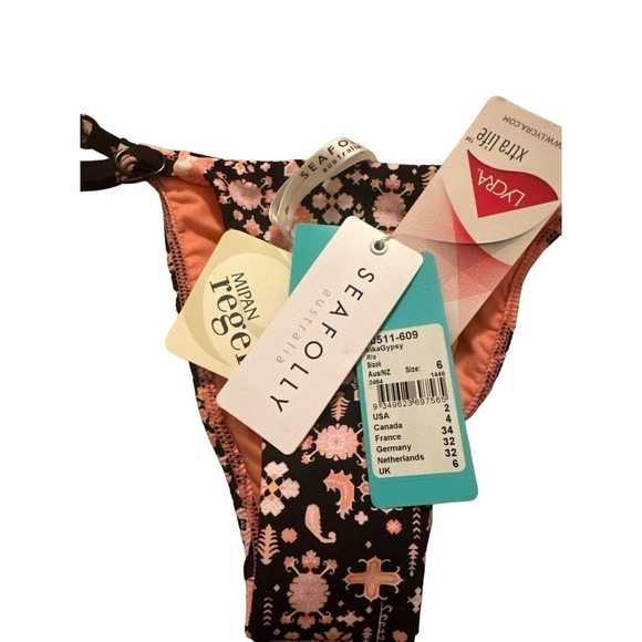 Seafolly Women's Rio Inka Gypsy Adjustable Band Bikini Bottoms Sz 2 Black Multi - Picture 4 of 5